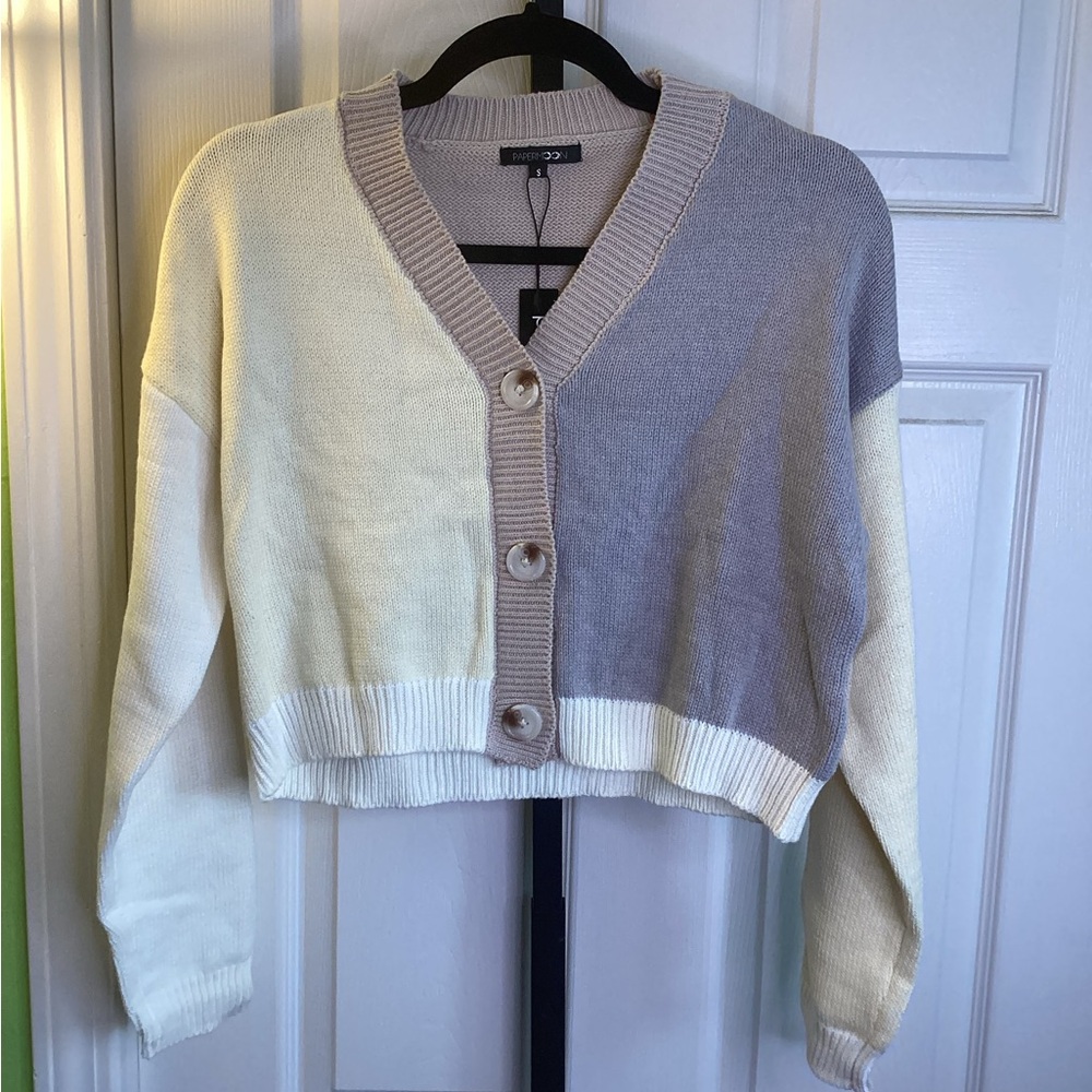 Papermoon V-Neck Cardigan in Cream, Gray, and Tan, size Small, NWT